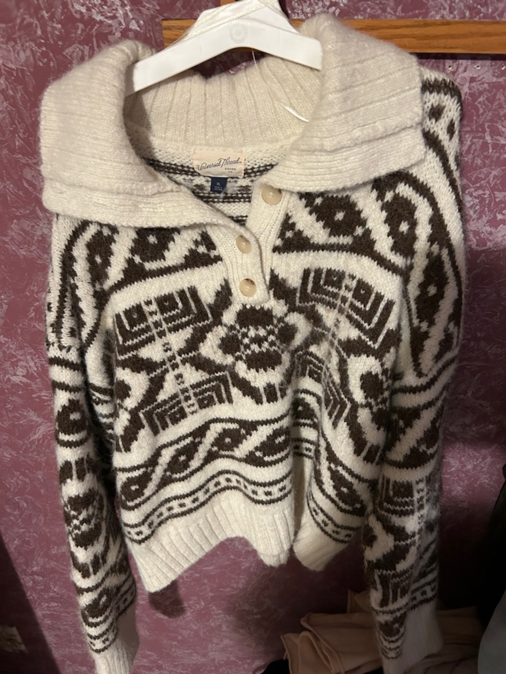 Universal Thread Cream and Brown Patterned Shawl-Collar Pullover